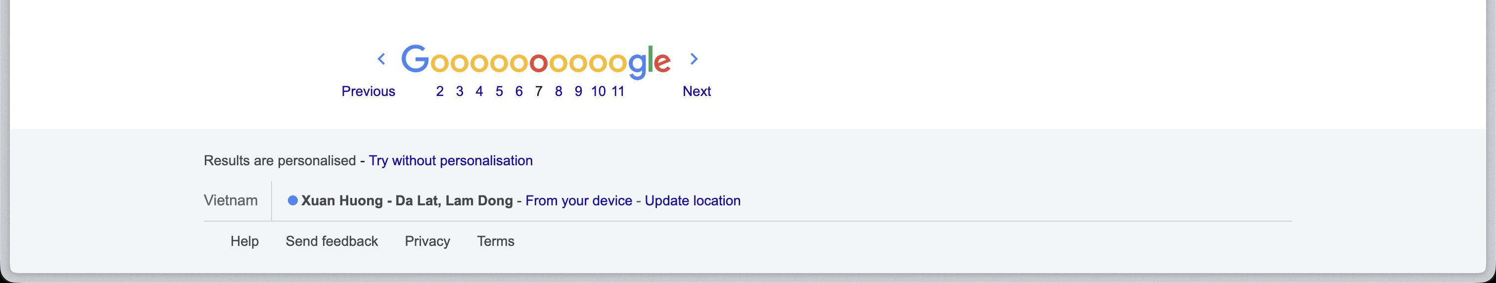 Google search results page showing Le J' buried at the bottom of page 7